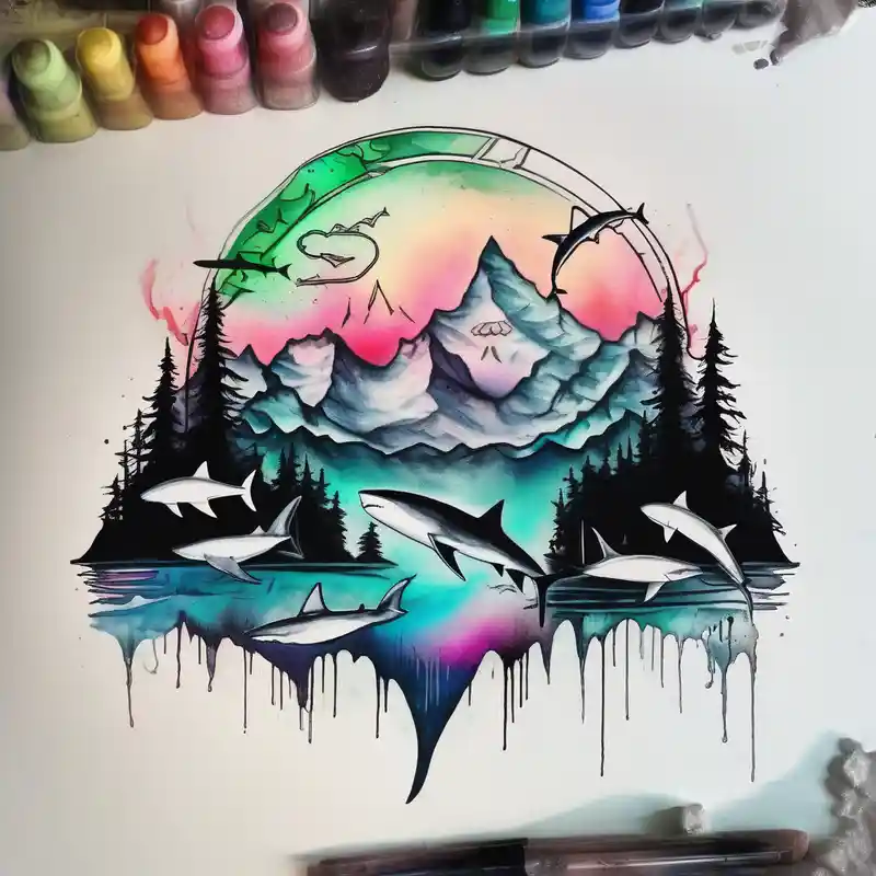 watercolor style 1oz Bottle Light Green Tattoo Ink Ideas in 2025 about forest mountains under the northen lights with sharks. Contain everything in the shape of Africa 1oz-bottle-light-green and forest mountains under the northen lights with sharks. Contain everything in the shape of Africa 1oz-bottle-light-green