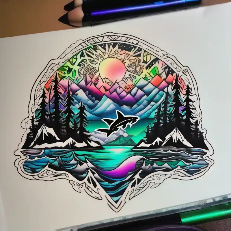 sketch style 2025年の1オンスボトルのライトグリーンタトゥーインクのアイデア about forest mountains under the northen lights with sharks. Contain everything in the shape of Africa 1oz-bottle-light-green and forest mountains under the northen lights with sharks. Contain everything in the shape of Africa 1oz-bottle-light-green