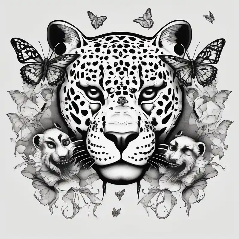 black and white style Ideas de tatuajes de mariposas en 3D para 2025 about head of 3 jaguars (1 mother and 2 cubs) surrounded by butterflies and hummingbirds in new old school style 3d-butterfly and head of 3 jaguars (1 mother and 2 cubs) surrounded by butterflies and hummingbirds in new old school style 3d-butterfly