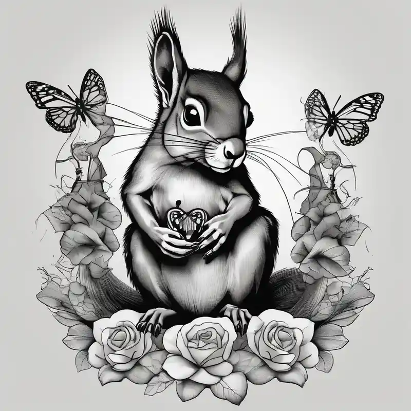 black and white style 2025年の3D蝶のタトゥーアイデア about A Squirrel with a butterfly in hands 3d-butterfly and A Squirrel with a butterfly in hands 3d-butterfly