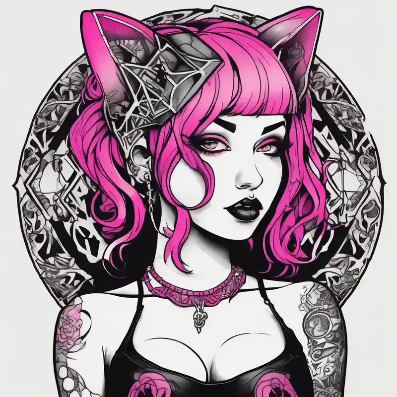 blackwork style Tattoo and Piercing Shop Tattoo Ideas in 2025 about hot goth girl with puppy ears and with piercings on face and big boobs and big butt with black outfit on with pink hair and-piercing-shop and hot goth girl with puppy ears and with piercings on face and big boobs and big butt with black outfit on with pink hair and-piercing-shop