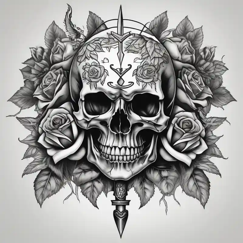 realistic style 太陽のタトゥーデザインとその意味 about Skull and dagger piercing a heart with roses and sunflowers and-piercing-shop