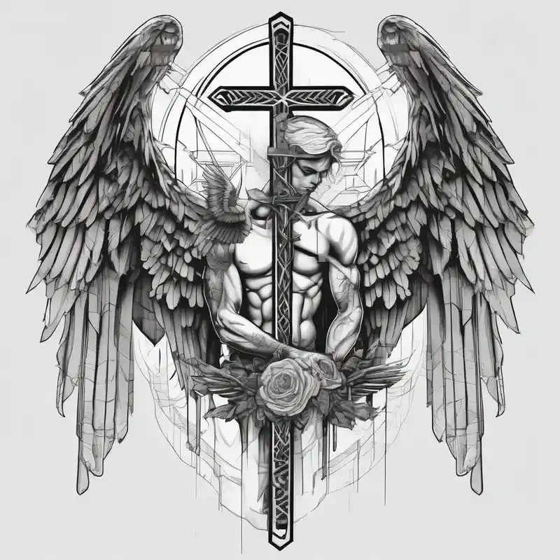 geometric style Idées de tatouage noir d'une croix derrière l'oreille pour homme en 2025 &Générer gratuitement about Angel hold headstone in hands with a cross chain hanging down with large wings angel-of-death and Angel hold headstone in hands with a cross chain hanging down with large wings angel-of-death