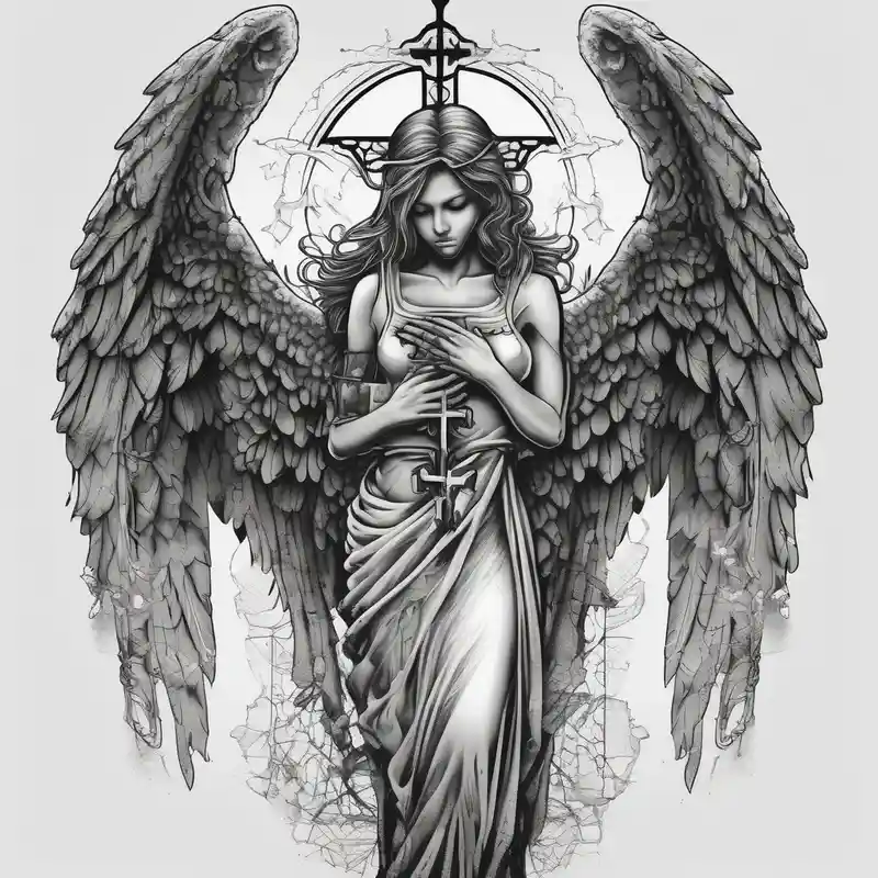 dotwork style Cross Behind Ear Tattoo Black Male Ideas in 2025 & free generation about Angel hold headstone in hands with a cross chain hanging down with large wings angel-of-death and Angel hold headstone in hands with a cross chain hanging down with large wings angel-of-death