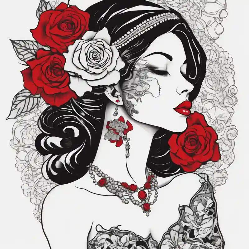 black and white style April Birth Flower Tattoo Ideas in 2025 about Black and white profile of woman with chin pressed on hand and hate with lace covering her eyes