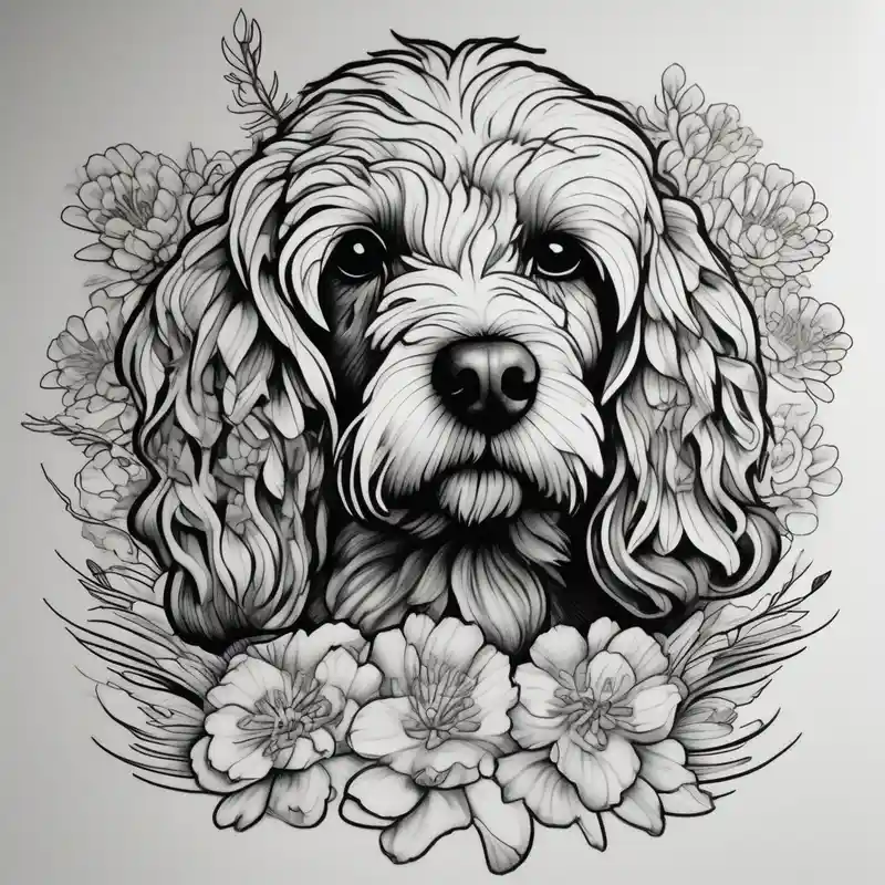 realistic style 2025年の4月の誕生花タトゥーアイデア about Cockapoo surrounded by fennel flowers april-birth-flower and Cockapoo surrounded by fennel flowers april-birth-flower