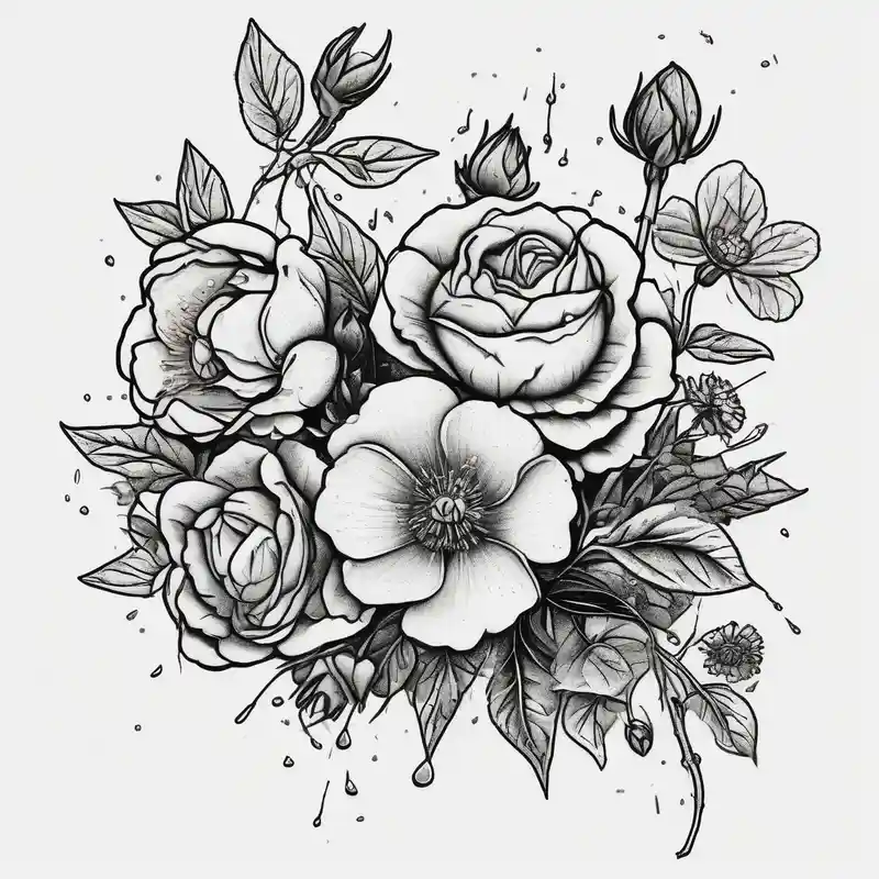 old school style Idées de tatouage de fleurs de naissance d'avril en 2025 about vintage bouquet of wild roses and meadow flowers with morning dew april-birth-flower and vintage bouquet of wild roses and meadow flowers with morning dew april-birth-flower