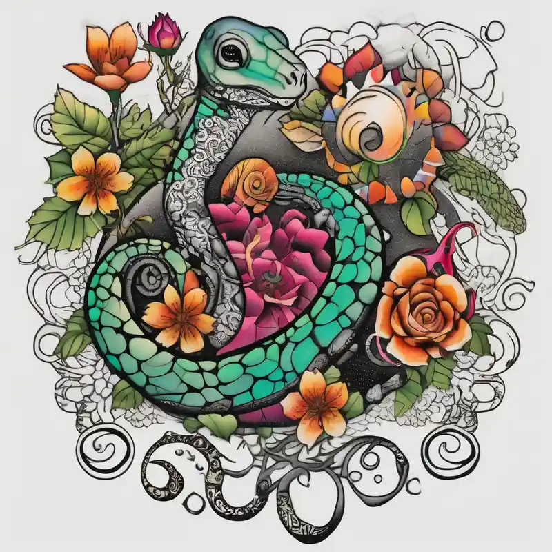 dotwork style Idées de tatouage de fleurs de naissance d'avril en 2025 about flowers on the vine. Include a snail and turtle