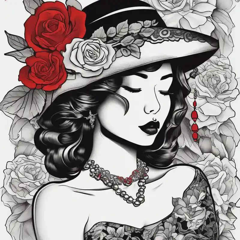 japanese style April Birth Flower Tattoo Ideas in 2025 about Black and white profile of woman with chin pressed on hand and hate with lace covering her eyes