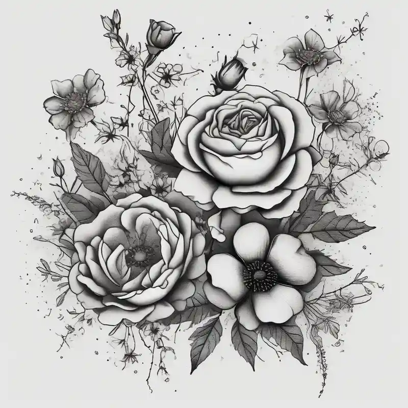 dotwork style April Birth Flower Tattoo Ideas in 2025 about vintage bouquet of wild roses and meadow flowers with morning dew april-birth-flower and vintage bouquet of wild roses and meadow flowers with morning dew april-birth-flower