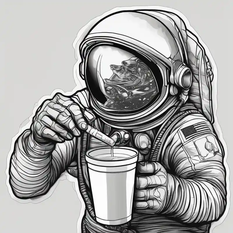 black and white style Idées de tatouages d'astronautes en 2025 about A astronaut drinking a drink with a double styrofoam cup and A astronaut drinking a drink with a double styrofoam cup