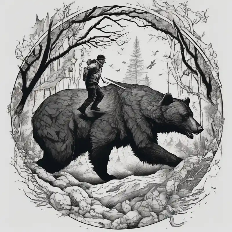 blackwork style Ideas de tatuajes de Attack on Titan en 2025 about Hunter in the woods being attacked by a bear attack-on-titan and Hunter in the woods being attacked by a bear attack-on-titan