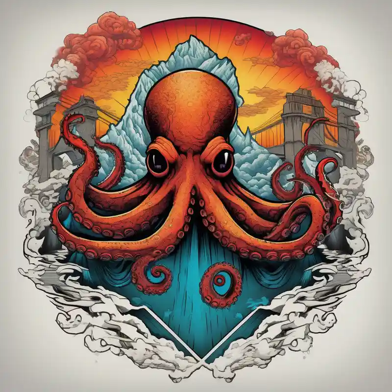 dotwork style Octopus Tattoo Ideas in 2025 about Octopus attacking a bridge with volcano in background erupting attack-on-titan and Octopus attacking a bridge with volcano in background erupting attack-on-titan