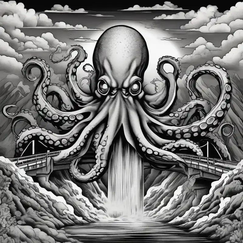 black and white style Octopus Tattoo Ideas in 2025 about Octopus attacking a bridge with volcano in background erupting attack-on-titan and Octopus attacking a bridge with volcano in background erupting attack-on-titan