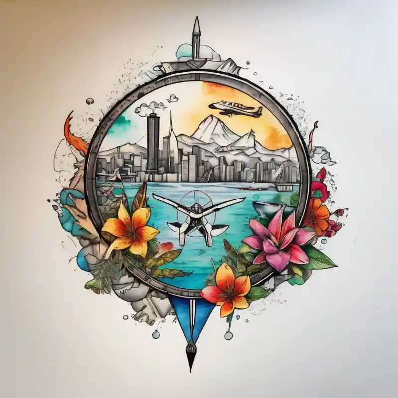 sketch style Beach Tattoo Ideas in 2025 about Round Travel collage with San Francisco and mountains