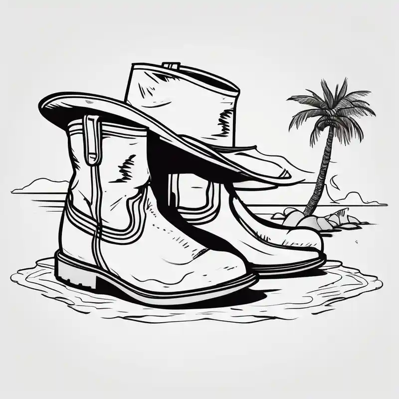 cartoon style Ideas de tatuajes de playa en 2025 about Two flip flops next to a pair of timberland boots on the Beach. ADD a cowboyhat and Two flip flops next to a pair of timberland boots on the Beach. ADD a cowboyhat