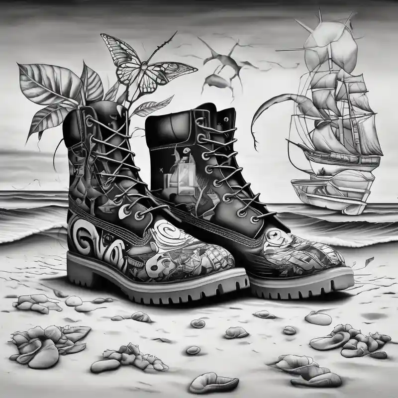 surreal style Beach Tattoo Ideas in 2025 about Two flip flops next to a pair of timberland boots on the Beach. and Two flip flops next to a pair of timberland boots on the Beach.