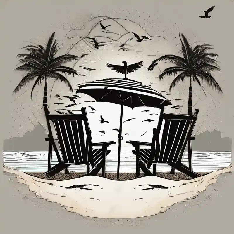 dotwork style Idées de tatouages de plage en 2025 about Beach scene with 2 chairs and umbrella and palm tree with bird silhouettes in the sky and Beach scene with 2 chairs and umbrella and palm tree with bird silhouettes in the sky