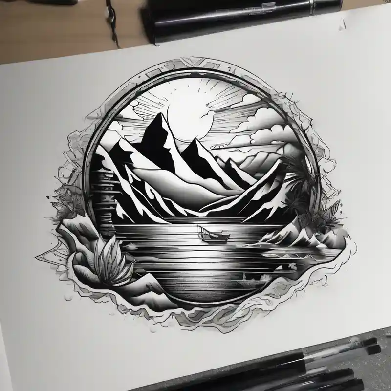 black and white style Ocean Tattoo Ideas in 2025 about Mountain and beach