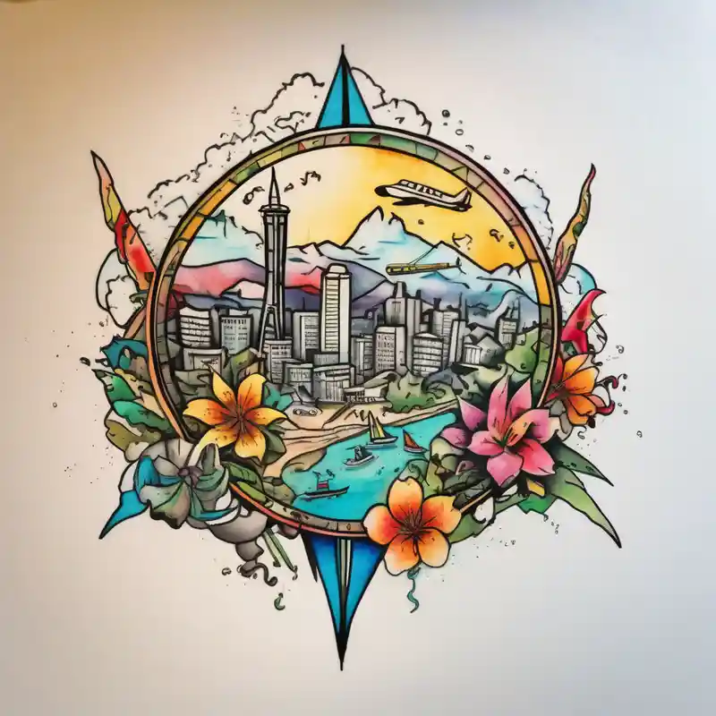 cartoon style Compass Tattoo Designs and Meanings about Round Travel collage with San Francisco and mountains