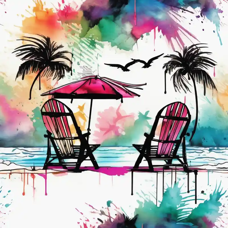 watercolor style 2025年のビーチタトゥーアイデア about Beach scene with 2 chairs and umbrella and palm tree with bird silhouettes in the sky and Beach scene with 2 chairs and umbrella and palm tree with bird silhouettes in the sky