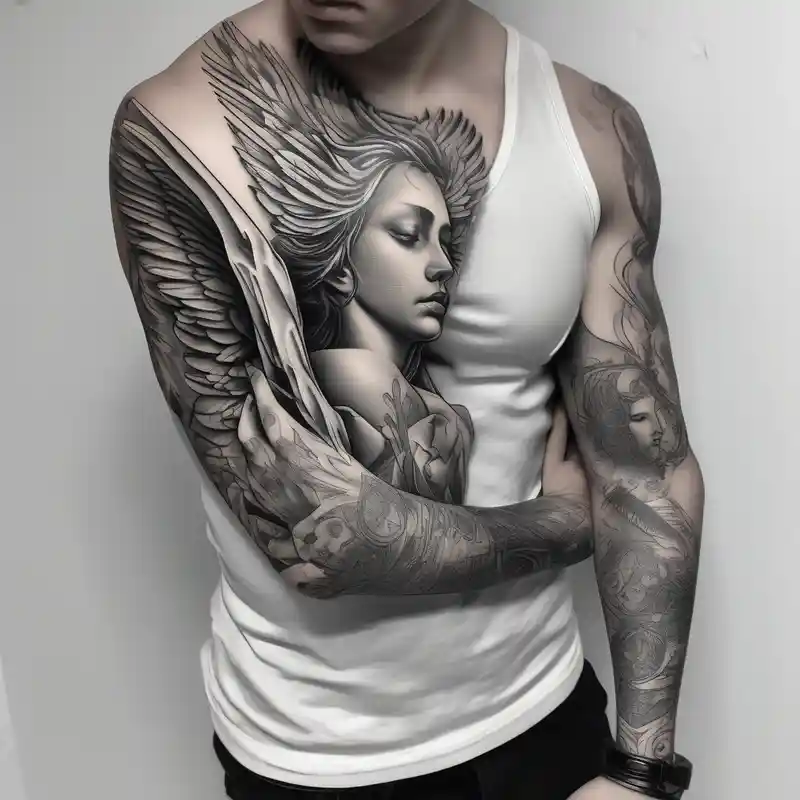 black and white style 2025年の美しいスリーブタトゥーアイデア about Arm sleeve with angels as a memorial beautiful-sleeve and Arm sleeve with angels as a memorial beautiful-sleeve