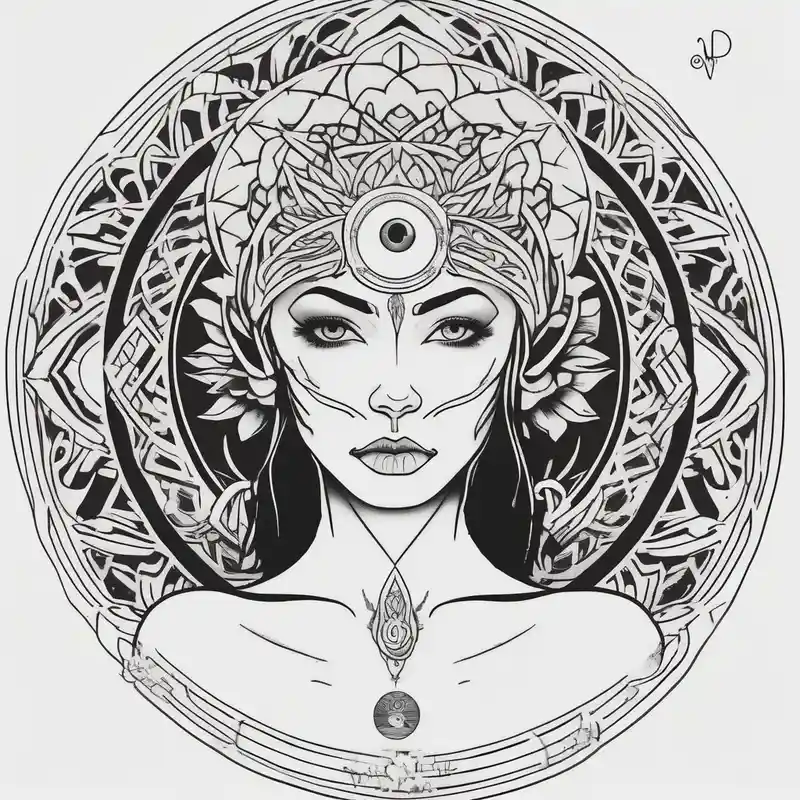 minimalist style Beautiful Sleeve Tattoo Ideas in 2025 about beautiful woman dmt deity eyes white and 3rd eye open with mandala fully behind head beautiful-sleeve and beautiful woman dmt deity eyes white and 3rd eye open with mandala fully behind head beautiful-sleeve