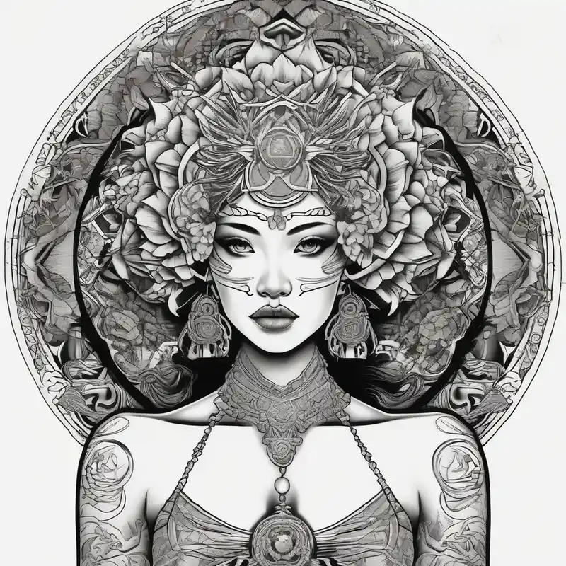 japanese style Beautiful Sleeve Tattoo Ideas in 2025 about beautiful woman dmt deity with mandala fully behind head beautiful-sleeve and beautiful woman dmt deity with mandala fully behind head beautiful-sleeve