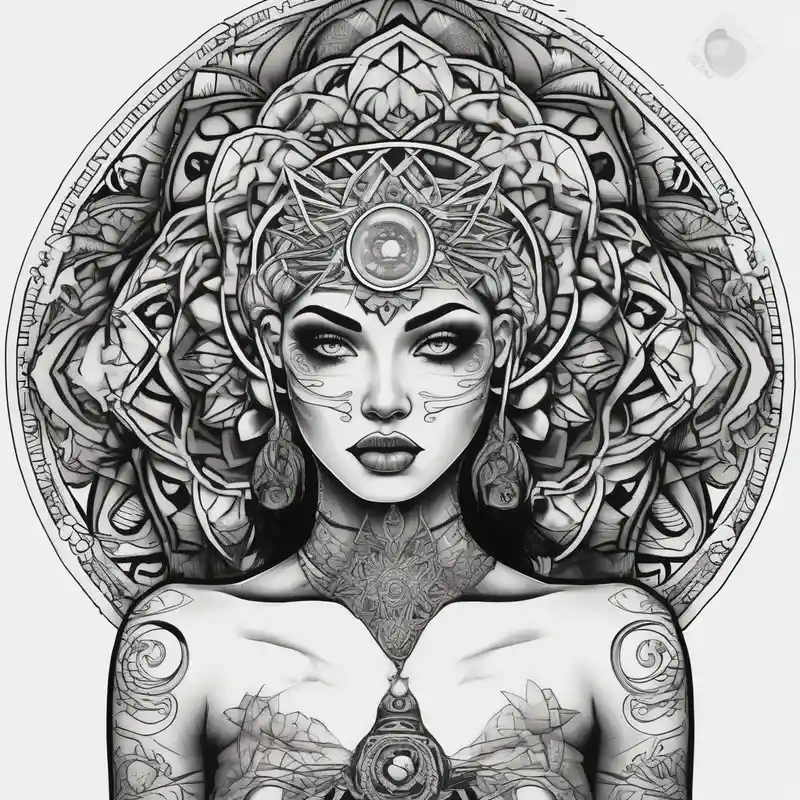 surreal style Beautiful Sleeve Tattoo Ideas in 2025 about beautiful woman dmt deity eyes white and 3rd eye open with mandala fully behind head beautiful-sleeve and beautiful woman dmt deity eyes white and 3rd eye open with mandala fully behind head beautiful-sleeve