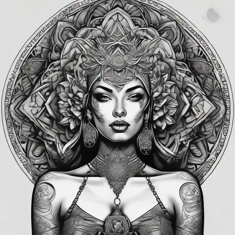 black and white style Beautiful Sleeve Tattoo Ideas in 2025 about beautiful woman dmt deity with mandala fully behind head beautiful-sleeve and beautiful woman dmt deity with mandala fully behind head beautiful-sleeve