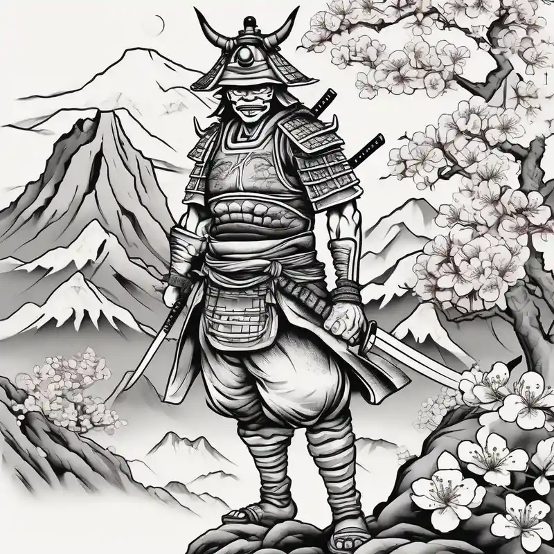 cartoon style Japanese Snake Tattoo Ideas in 2025 & free generation about arm sleeve tattoo stencil of a samurai standing at the bottom of a mountain with cherry blossoms in the background and and japanese structures