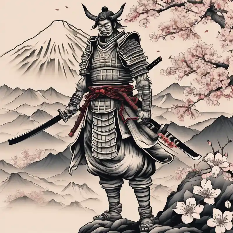 watercolor style Japanese Snake Tattoo Ideas in 2025 & free generation about arm sleeve tattoo stencil of a samurai standing at the bottom of a mountain with cherry blossoms in the background and and japanese structures