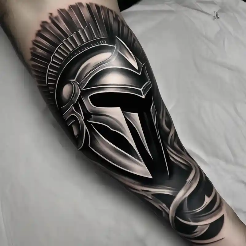 black and white style Beautiful Sleeve Tattoo Ideas in 2025 about Spartan helmet forearm sleeve and black and white