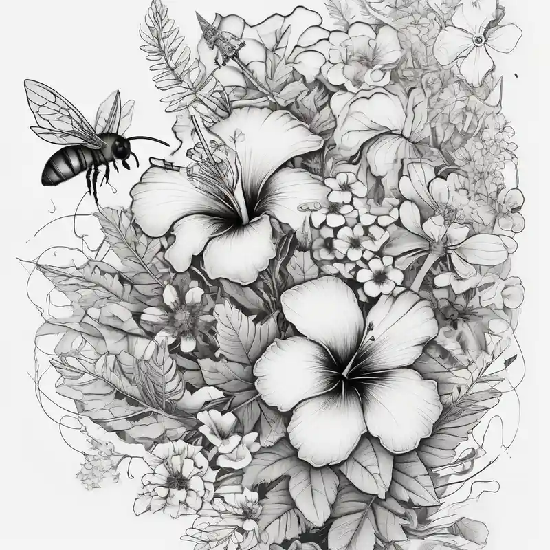 surreal style Bee Tattoo Ideas in 2025 about Half sleeve with wildflowers and hibiscuis