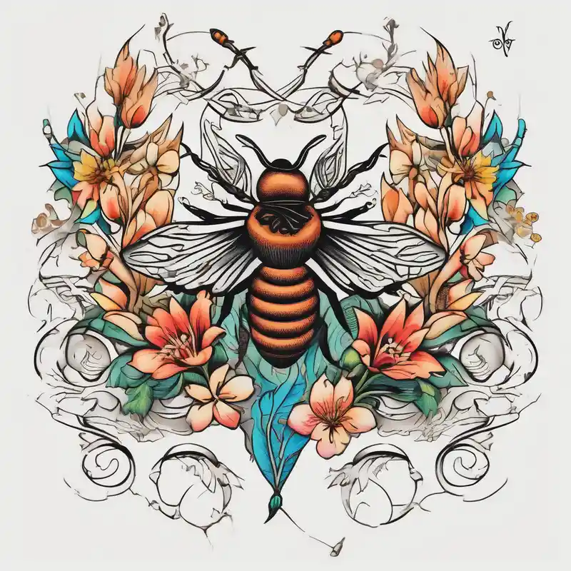 japanese style Bee Tattoo Ideas in 2025 about floral dainty soft leaves with bee dragonflower and wheat