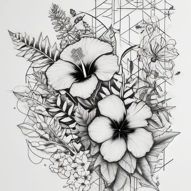 geometric style 2025年の蜂のタトゥーアイデア about Half sleeve with wildflowers and hibiscuis