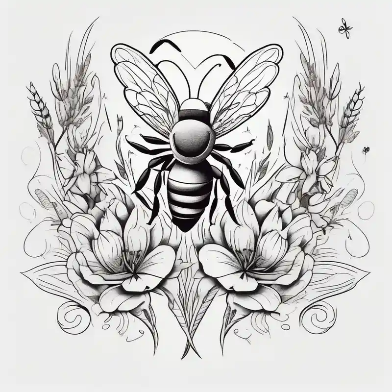 cartoon style Bee Tattoo Ideas in 2025 about floral dainty soft leaves with bee dragonflower and wheat