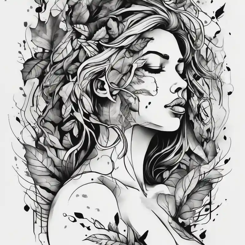 sketch style Mejores ideas de tatuajes e tinta para tatuajes en 2025 about big breasts covered with leaves dripping with ink and best-ink