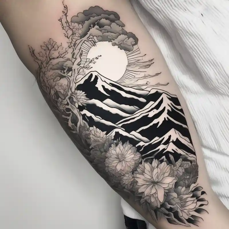 japanese style Idées et Designs de Tatouages de Fleurs en 2025 &Générer gratuitement about I already have a nature scene on my upper right arm and a mountain range on the inside of my bicep and want plant and flowers to fill in between them bicep-for-men and I already have a nature scene on my upper right arm and a mountain range on the inside of my bicep and want plant and flowers to fill in between them bicep-for-men