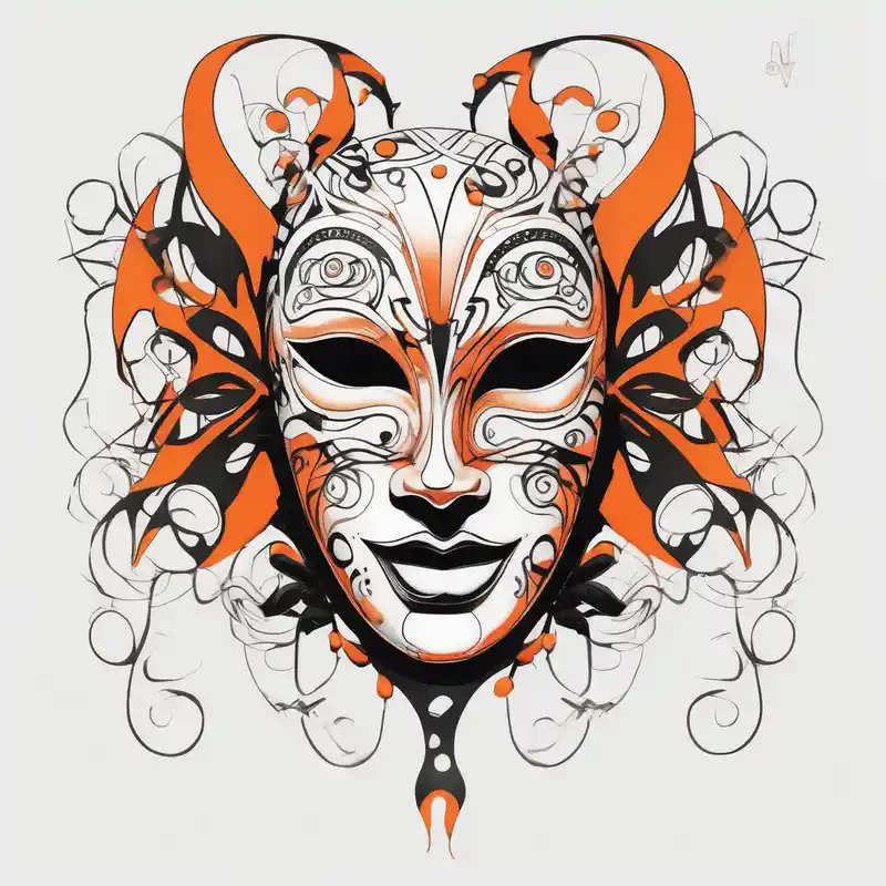 surreal style Male Sleeve Tattoo Designs and Ideas about Laughing Male masquerade mask with orange and black circles black-lotus and Laughing Male masquerade mask with orange and black circles black-lotus