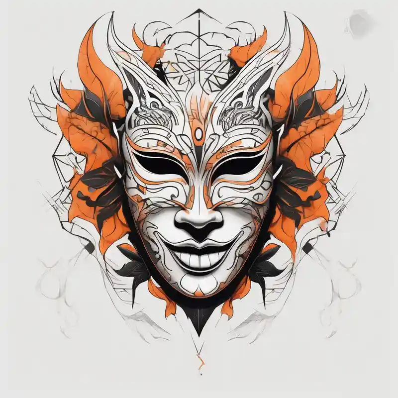 geometric style Male Sleeve Tattoo Designs and Ideas about Laughing Male masquerade mask with orange and black smoke black-lotus and Laughing Male masquerade mask with orange and black smoke black-lotus