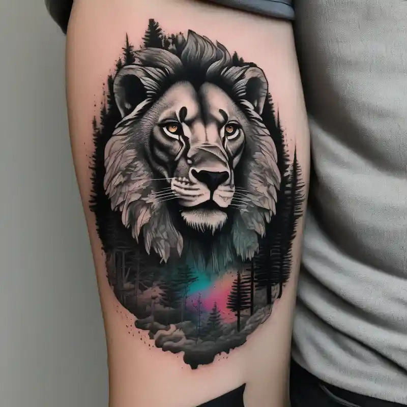 dotwork style Lion Tattoo Ideas and Designs in 2024 about realistic black and gray  dark 
forest with a small lion walking into the forest black-lotus and realistic black and gray  dark 
forest with a small lion walking into the forest black-lotus