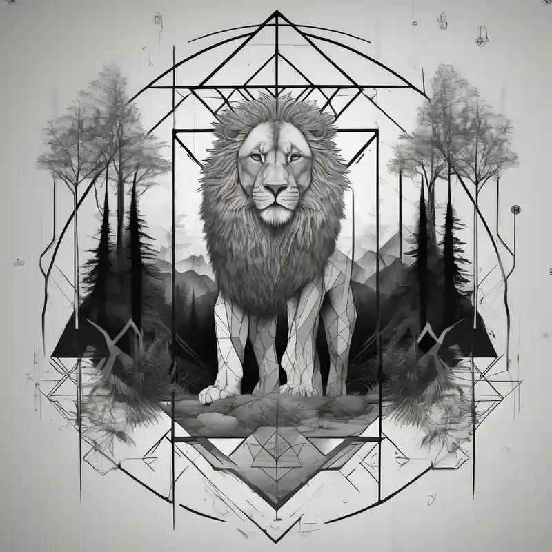 geometric style Lion Tattoo Ideas and Designs in 2024 about realistic black and gray  dark 
forest with a small lion walking into the forest looking backwards 
with a spiritual component black-lotus and realistic black and gray  dark 
forest with a small lion walking into the forest looking backwards 
with a spiritual component black-lotus