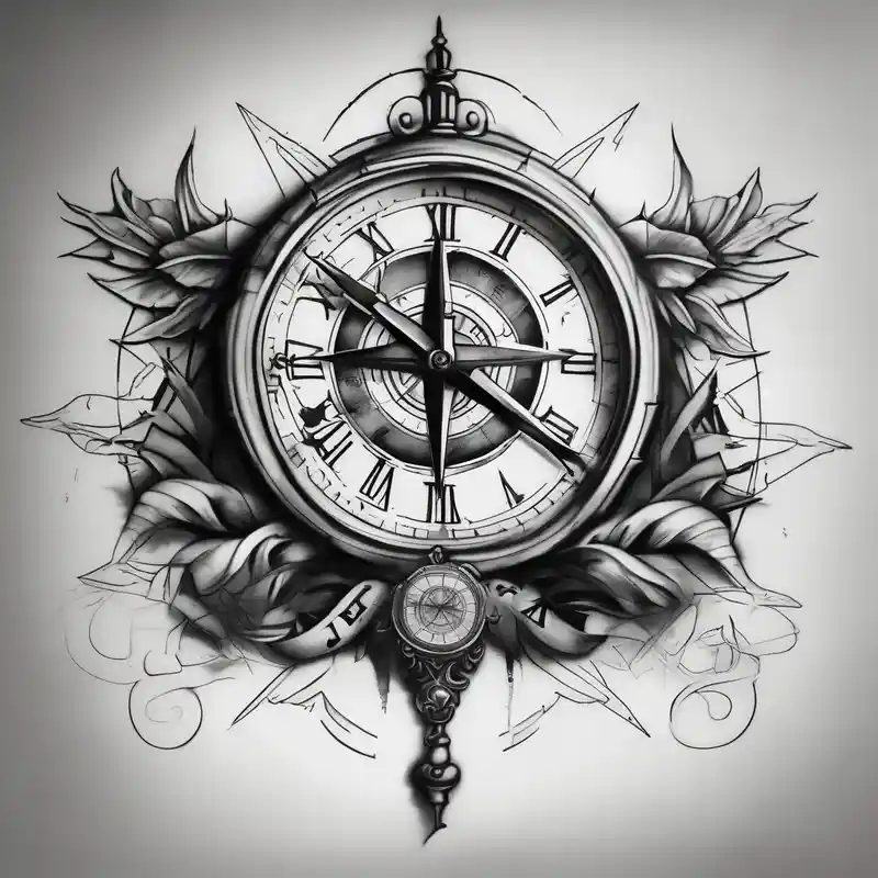 sketch style Clock Tattoo Ideas in 2024 about draw me a tattoo with an old clock and a compass rose. shadows of roman numerals are in the background. it is a tattoo located on the left shoulder of a man. it is black and white. black-lotus and draw me a tattoo with an old clock and a compass rose. shadows of roman numerals are in the background. it is a tattoo located on the left shoulder of a man. it is black and white. black-lotus