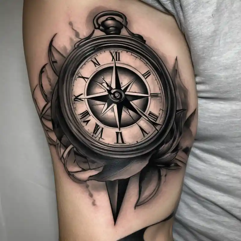 realistic style Clock Tattoo Ideas in 2024 about draw me a tattoo with an old clock and a compass rose. shadows of roman numerals are in the background. it is a tattoo located on the left shoulder of a man. it is black and white. black-lotus and draw me a tattoo with an old clock and a compass rose. shadows of roman numerals are in the background. it is a tattoo located on the left shoulder of a man. it is black and white. black-lotus