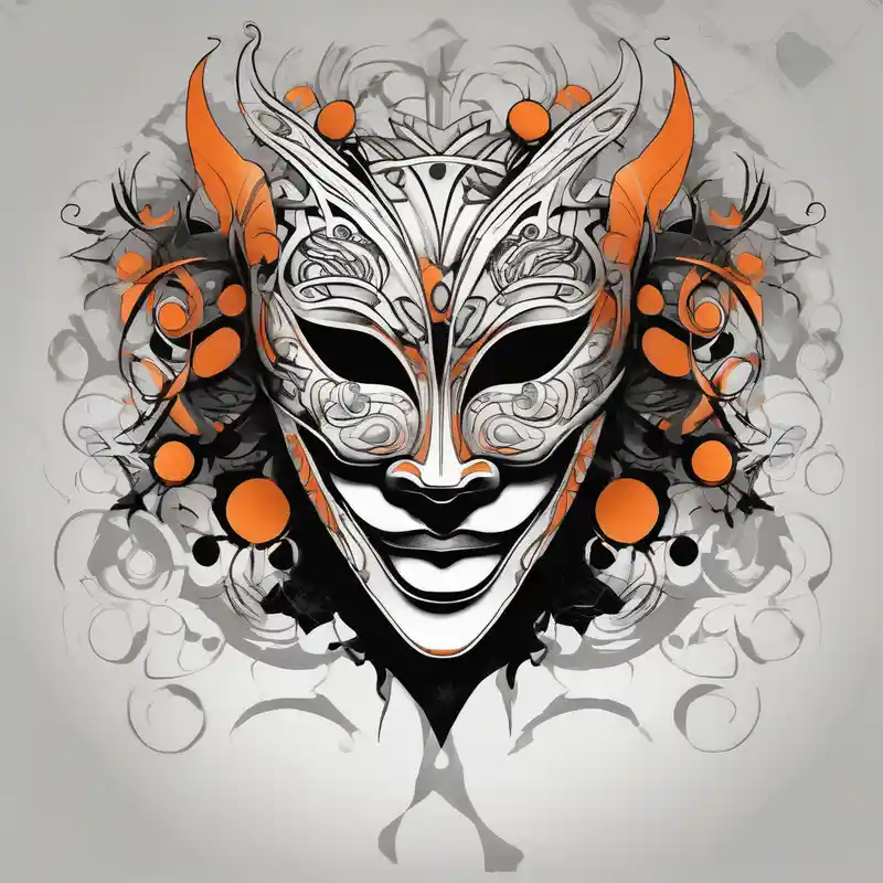 black and white style Male Sleeve Tattoo Designs and Ideas about Laughing Male masquerade mask with orange and black circles black-lotus and Laughing Male masquerade mask with orange and black circles black-lotus