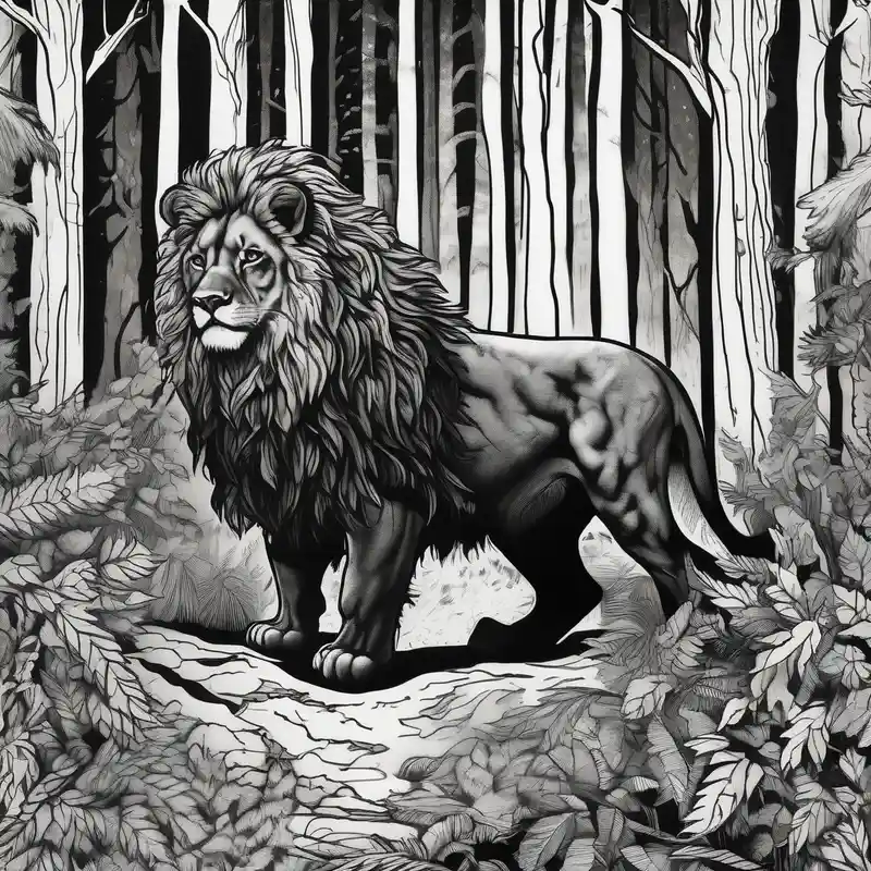 old school style Lion Tattoo Ideas and Designs in 2024 about realistic black and gray  dark 
forest with a small lion walking into the forest looking backwards 
with a spiritual component black-lotus and realistic black and gray  dark 
forest with a small lion walking into the forest looking backwards 
with a spiritual component black-lotus