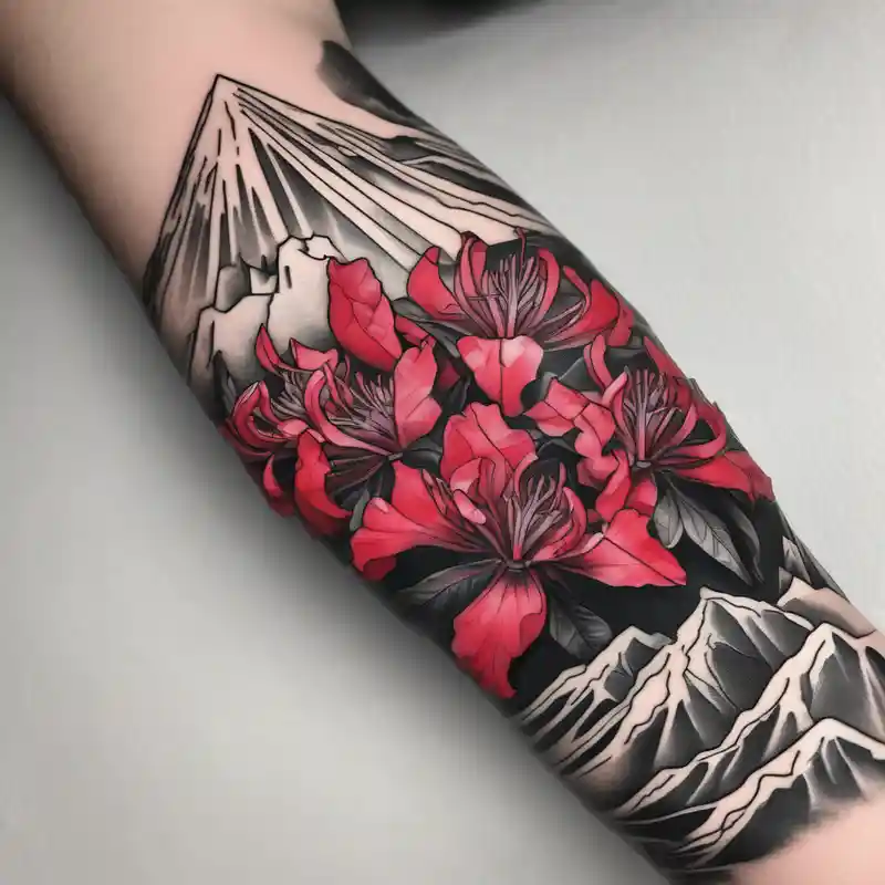 sketch style Tattoo Wrap Tattoo Ideas in 2025 about wrap around entire wrist red  and black rhododendron trippy with Himalayas behind and wrap around entire wrist red  and black rhododendron trippy with Himalayas behind