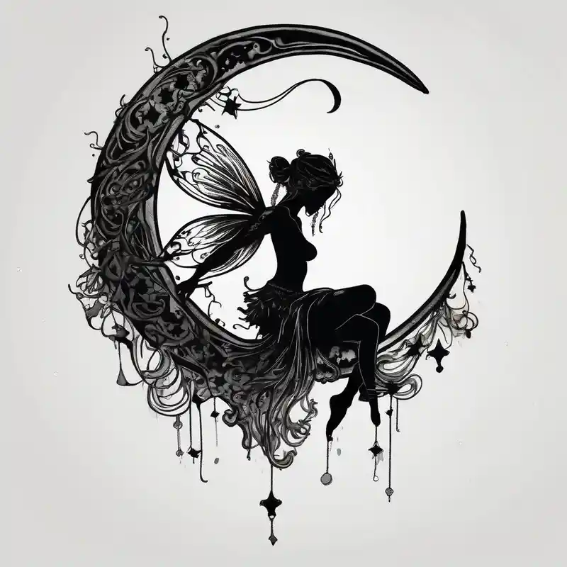 watercolor style Moon Tattoo Designs and Meanings about Solid black tattoo of a Fairy sitting on moon with dangles. and Solid black tattoo of a Fairy sitting on moon with dangles.