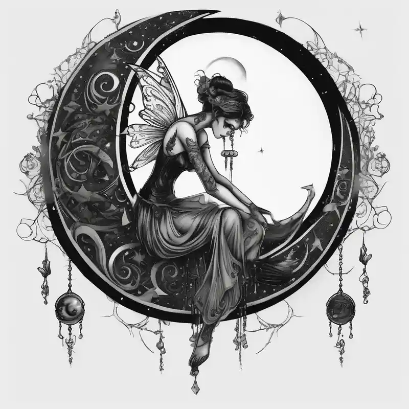 surreal style Moon Tattoo Designs and Meanings about All black tattoo of a Fairy sitting on moon with dangles. and All black tattoo of a Fairy sitting on moon with dangles.